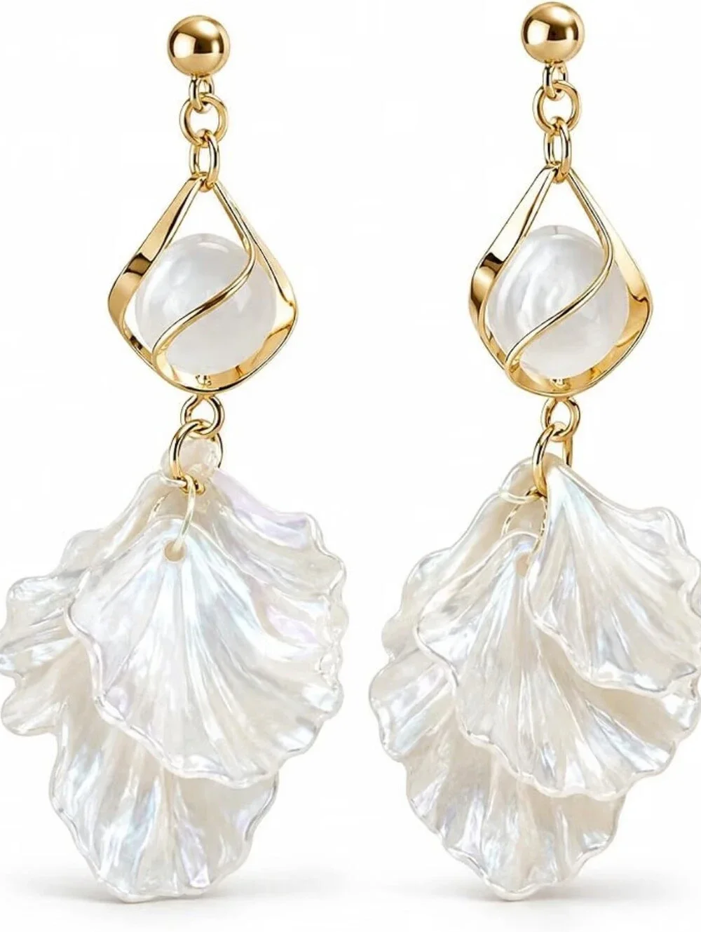 White Shell Petal Drop Earrings Dangle Floral